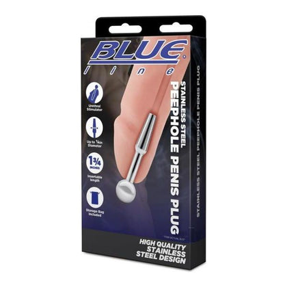 Blue Line Stainless Steel Peephole Penis Plug - Model X1: A sleek stainless steel urethral play device for men, providing intimate pleasure and visual excitement in a polished silver finish.