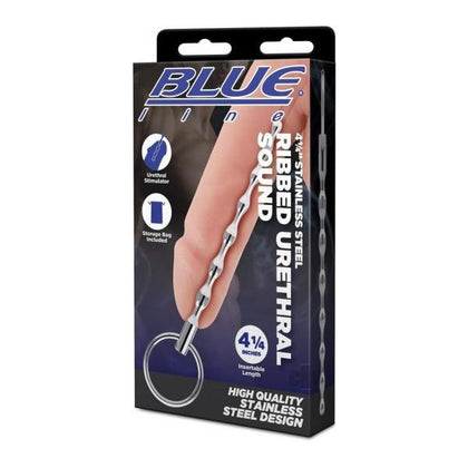Blue Line Stainless Steel Rib Urethral Sound 4.25 Men's Urethral Stimulation Toy in Silver