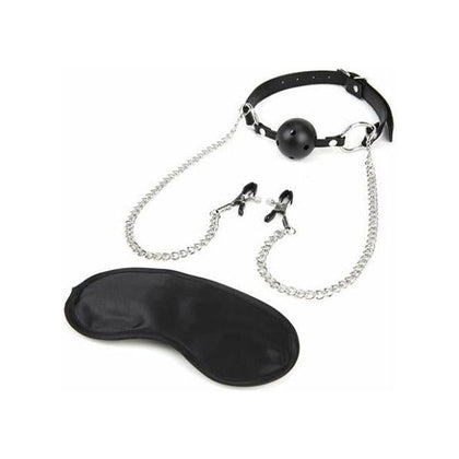 Lux Fetish Breathable Ball Gag Adjustable Nipple Chain - Sensual Pleasure Enhancer for All Genders - Model X123 - Black