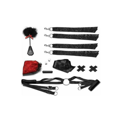 Introducing the Seductress Satin Cuffs & Rose Petals 6-Piece Bed Spreader Set - Model SCS-420, for Couples, Bondage, and Sensual Pleasure in Sultry Scarlet
