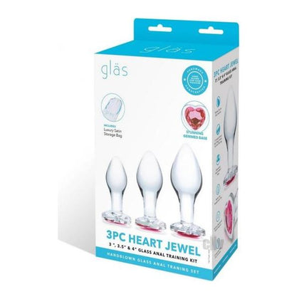 Heart Jewel Glass Anal Training Set - 3 Piece Clear - Unisex Anal Plug Kit