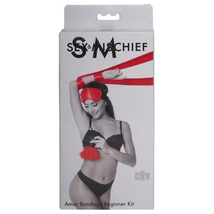 S&M Amor Bondage Beginner Kit - Red Satin Restraints, Feather Nipple Clamps, and Blindfold for Sensual Exploration