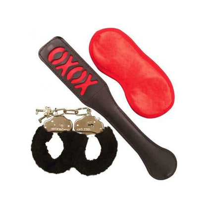 Introducing the Sensual Pleasures Deluxe BDSM Kit - Model SP-5000: Unisex Furry Cuffs, Flat XOXO Paddle, and Red Blindfold Mask