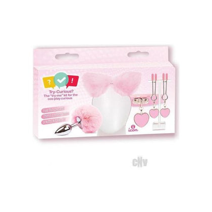 Iconic Pleasure: Try-Curious Kitty Kit KC-5 Unisex Tail Butt Plug, Nipple Clips, Collar - Pink