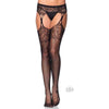 Elegant Intimates Lace Top Net Cuban Heel Garter O/S Black - Sensual Fishnet Stockings with Lace Top, Cuban Heel, Tear Drop Garterbelt - Women's Lingerie for Seductive Appeal - One Size Fits  - Adult Naughty Store