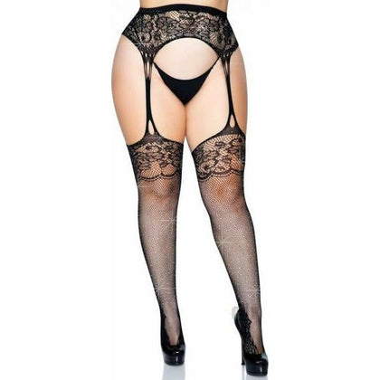 Elegant Moments Rhinestone Stocking Garter 1x-2x Black - Sensual Lace Foot Fishnet Stockings with Attached Garter Belt for Women - Adult Naughty Store