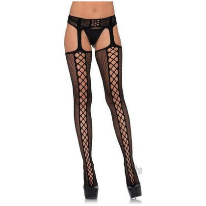 Introducing the Sensual Elegance Faux Lace Net Stocking-Garterbelt in Black - Model SLN-721, Women's Seductive Lingerie for Alluring Pleasure - Size S-XL - Adult Naughty Store