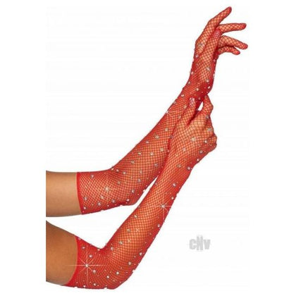 Elegant Rhinestone Fishnet Opera Gloves in Red for Women - Model O/S - Adult Naughty Store