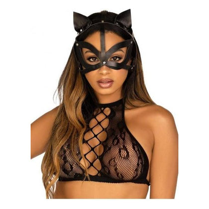 Feline Pleasure: Noir Vegan Leather Studded Cat Mask (Model: O/S) - Unisex Pleasure Accessory (One Size) - Adult Naughty Store