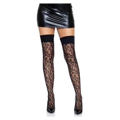 Introducing the Seductively Wild Leopard Net Thigh Highs with Wide Band Top O/S Black - The Ultimate Delight for Your Sensual Nights! - Adult Naughty Store