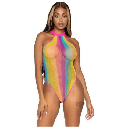 Seductive Sensations Rainbow Striped Halter Bodysuit W-snap - Unleash Your Playful Side with this Multicolored Lingerie Delight! - Adult Naughty Store