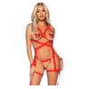 Elegant Intimates Red Lace Halter Cami Garter Set 3pc - Model 456B - Women's Open Cup, Crotchless Pearl G-String, and Lace Restraint Cuffs - O/S - Adult Naughty Store