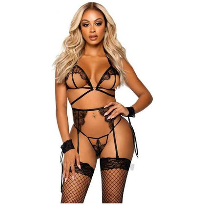 Lace Lust Eyelash Cage Strap Lingerie Set - Model EBG-4PC-OS-BLK - Women's Intimate Apparel for Seductive Boudoir Play - Open Cup Bra, Garter Belt, G-string Panty, and Wrist Cuffs - Size: One - Adult Naughty Store