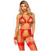 Lustful Lace Temptation Set - Seductive Eyelash Lace Cage Strap Open Cup Bra with Heart Ring Accent, Garter Belt, G-String Panty, and Wrist Cuffs - O/S Red - Adult Naughty Store