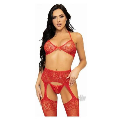 Elegant Intimates Rhinestone Lace Bra Gstring Garter Set - Model RLG-3PCRED - Women's Red One Size - Adult Naughty Store