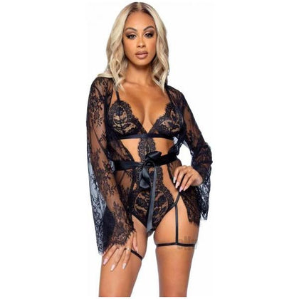 Elegant Intimates Eyelash Lace Garter Teddy Set - Model EGT-3PC-SM-BLK - Women's Sensual Lingerie for Seductive Appeal - Includes G-String, Lace Robe, and Ribbon Tie - Size: Small - Adult Naughty Store