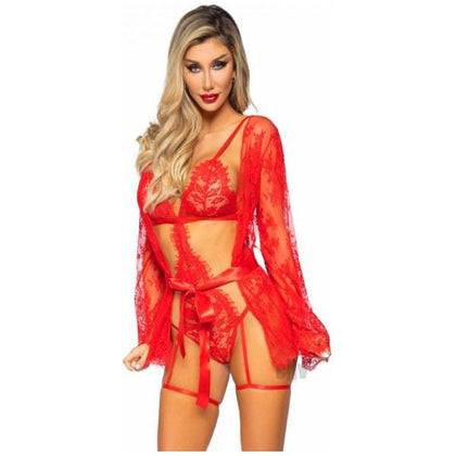 Lace Intimates Red Eyelash Lace Garter Teddy Set - Model 3PC-RED-LT - Adult Naughty Store