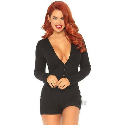 Introducing the Luxe Comfort Ribbed Romper Long Johns XL Black - Unisex Snap Flap Lingerie for Ultimate Pleasure