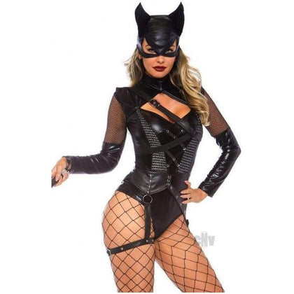 Villainess Vixen 2pc Sm Black - Sensual Spandex Strappy Bodysuit with O-Ring Garter and Hooded Mask - Model VX2-SB