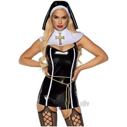 Sinful Sister 4pc Large Black Vinyl Romper Set with Rope Belt, Collar, and Nun Habit - Seductive Lingerie for Women, Perfect for Roleplay and Fetish Play