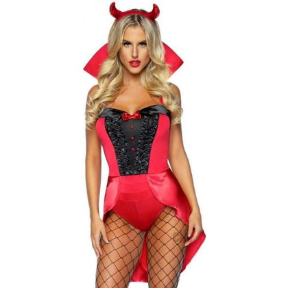 Devilish Darling Women's 3pc XS Red Tux and Tails Bodysuit with Pin-On Devil Tail and Sequin Devil Horn Headband - Seductive Lingerie Set for Passionate Moments