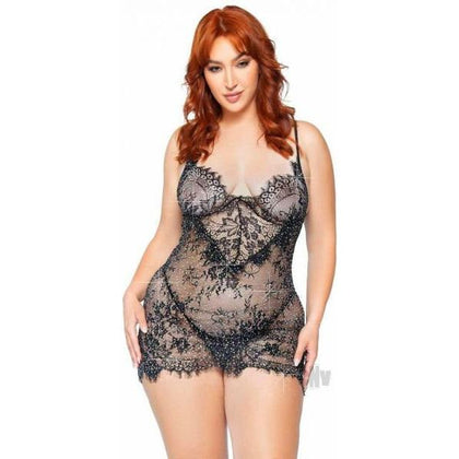 Elegant Moments Eyelash Lace Rhinestone Backless Mini Dress and G-String Set - Model 2PC-1X-2X - Women's Intimate Lingerie for Seductive Nights - Black - Adult Naughty Store