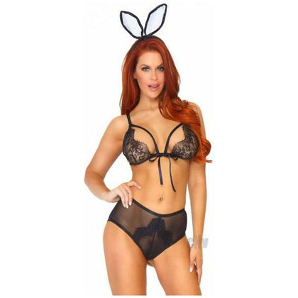 Luscious Lingerie Co. Bedroom Bunny 3pc Black Lace Set - Model BB-3PC-BLK - Women's Seductive Eyelash Lace Cage Strap Bra Top, Cheeky Backless Panty with Fluffy Tail, and Ear Headband - One S - Adult Naughty Store