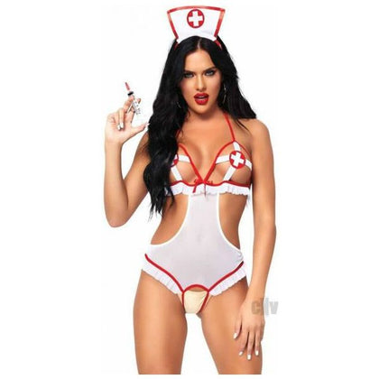 Seductive Temptations Naughty Nurse Lingerie Set - Model NN-2PC-WH/RD - Women's Crotchless Teddy with Peek-a-Boo Cups and Matching Hat Headband - One Size - White and Red - Adult Naughty Store