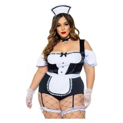 Foxy Frenchie 3pc 1x/2x Black and White Lingerie Set for Women - Sensual Garter Bodysuit with Attached Apron, Choker, and Hat Headband - Model FF-3XGABW - Size 1X-2X