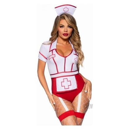 Nurse Feelgood Women's 2pc Snap Crotch Garter Bodysuit with Apron and Hat Headband - Medium Red/White