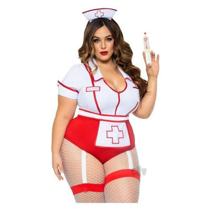 Nurse Feelgood Plus Size Red and White 2-Piece Garter Bodysuit with Apron and Hat Headband - Model NF-2X-RW