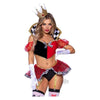 Wicked Wonderland Queen 3pc Small Black/Red Two-Tone Boned Crop Top with Stay Up Collar and Broach Accent, Garter Panty with Peplum Skirt, and Crown Headband - Women's Lingerie Set SWQ-001, Black/Red, Size Small