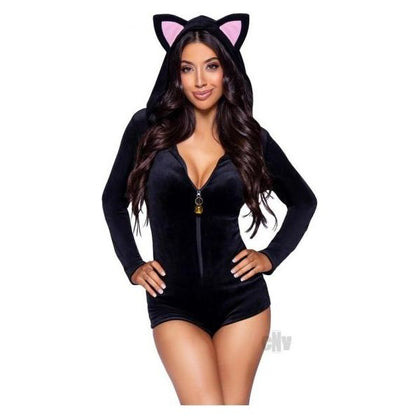 Comfy Cat MD Black Velvet Plush Zip-Up Romper with Bell Zipper Pull, Ear Hood, and Kitty Tail - Unleash Your Inner Feline in Luxurious Comfort and Style - Medium