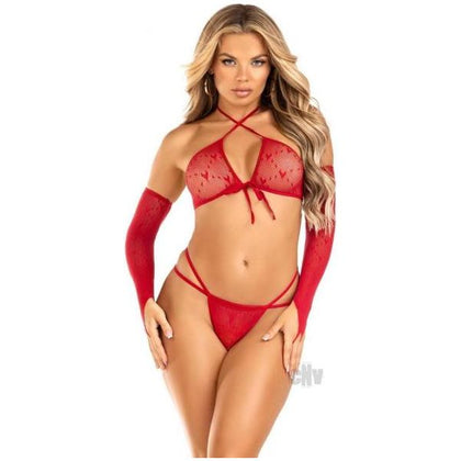 Passion by Pleasureland - Heart Net Keyhole Crossover Crop Top, Dual Strap G-String, and Gauntlet Gloves - Model HRT-03 - Unisex - Pleasure Intensifying Collection - Red