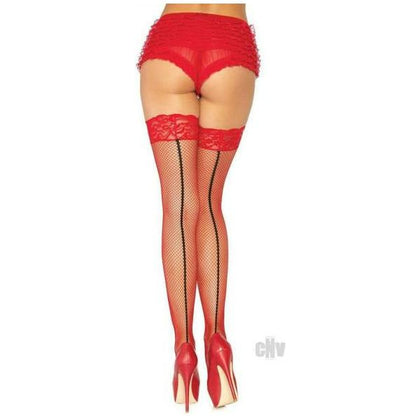 Seductive Delights Stay Up Lace Top Backseam Fishnet Thigh Highs - O/S Red/Black - Women's Intimate Apparel - Model: STF-2021 - Sensual Pleasure - One Size Fits Most