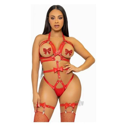 V-l Vegan Leather O Ring Harness Teddy MD Red - Unleash Passion and Desire with this Captivating Lingerie - Adult Naughty Store