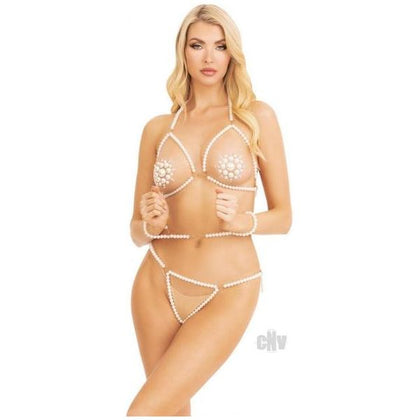 Elegant Intimates Faux Pearl Bra Gstring Restraint - Model FPBG-001 - Women's Open Cup Lingerie Set with Adjustable Chain Clasps, Heart Ring Accents, and Coordinating Wrist Restraints - White