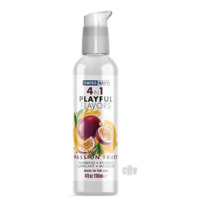 Swiss Navy 4-in-1 Playful Flavors Wild Passion Fruit 4oz - Multi-Purpose Pleasure for All Genders, Intensify Your Sensual Experience with Warming, Edible, Lubricating, and Massage Capabilities