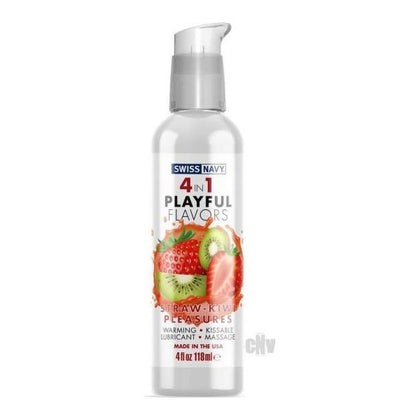 Swiss Navy 4-in-1 Playful Flavors Strawberry/Kiwi Pleasure 4oz - Multi-Purpose Pleasure for All Genders, Intensify Foreplay, Lubricate, Massage and Indulge in Edible Delights