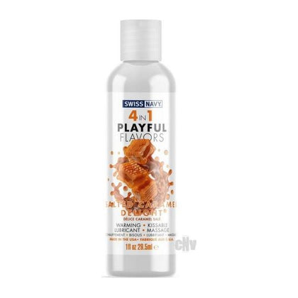 Swiss Navy 4-in-1 Playful Flavors Salted Caramel Delight 1oz - Multi-Purpose Pleasure for All Genders - Warming, Edible, Lubricant, Massage - Enhance Your Sensual Exploration