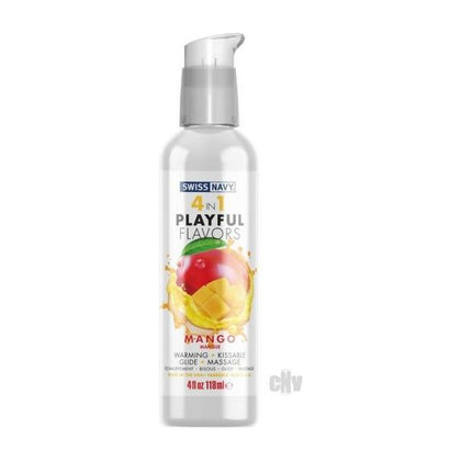 Swiss Navy 4-in-1 Playful Flavors Mango 4oz Lubricant: Warming, Edible, Massage. Unleash Pleasure for All Genders with this Sensual Essential!