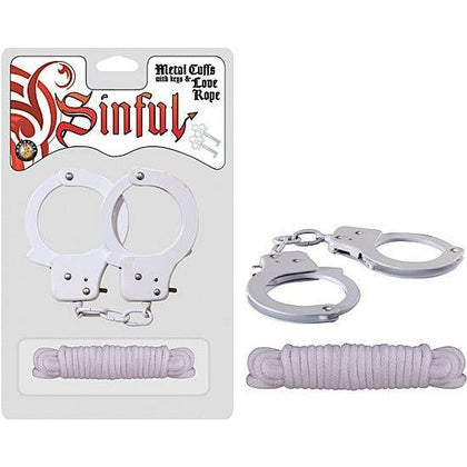 Sinful Metal Cuffs - Key Release, Love Rope White - Model SR-200 - Unisex - Pleasure Enhancer - Cotton Rope - Phthalates-Free Materials - Iron Handcuffs