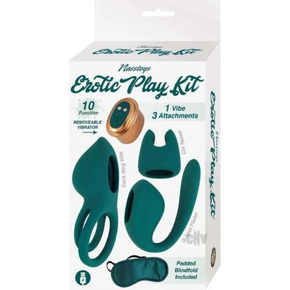 Introducing the Exotic Play Kit Green 10-Function Silicone Rechargeable Cock Ring Vibe with Clit Teaser, G-Spot Finder, and Padded Blindfold - Model EPK-GR10, for Ultimate Sensual Stimulation Experience for Couples, in Vibrant Green.