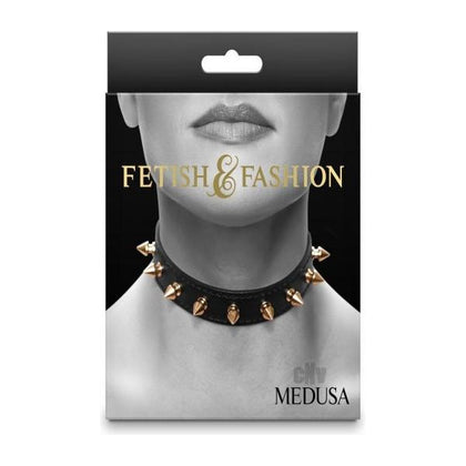 Fetish and Fashion Medusa Collar Submissive Necklace in Black and Gold PU Leather - Model FNF-001 - Unisex BDSM Neckwear for Subs - Pleasure Accessory