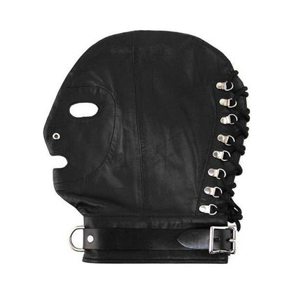 Rouge Fetish D-Ring Lockable Buckle Strap Black Leather Full Head Mask Hood with Open Eye and Mouth Holes - Model DR-1001 - Unisex BDSM Bondage Gear for Sensual Play and Control - Adult Naughty Store