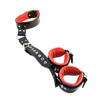 Leather Euphoria Neck to Hand Restraint - Model LER-001 - Unisex - Full Body Bondage - Black/Red - Adult Naughty Store