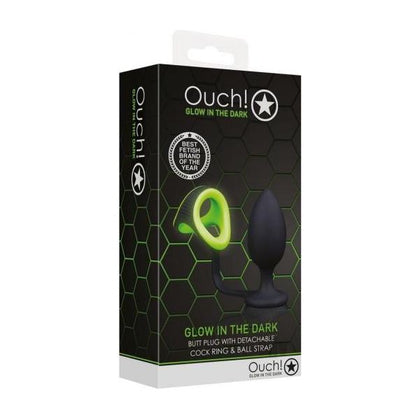 Ouch! Glow-In-The-Dark Butt Plug Cockring Ballstrap - Model GID-2021 - Unisex Anal and Genital Pleasure - Fluorescent Green - Adult Naughty Store