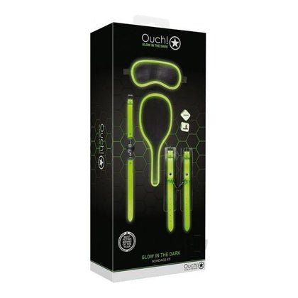 Ouch! Glow in the Dark Bondage Kit 1 Gitd - Ultimate Pleasure Experience for All Genders - Wrist Cuffs, Breathable Ball Gag, Dice, Paddle, Eye Mask - Fluorescent Green Glow