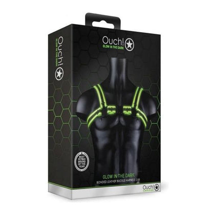 Ouch! Buckle Harness Gitd S-m: Authentic Bondage Aesthetic Glow-in-the-Dark Adjustable Harness for Masculine Shape, Fluorescent Green, Model BHS-001 - Adult Naughty Store