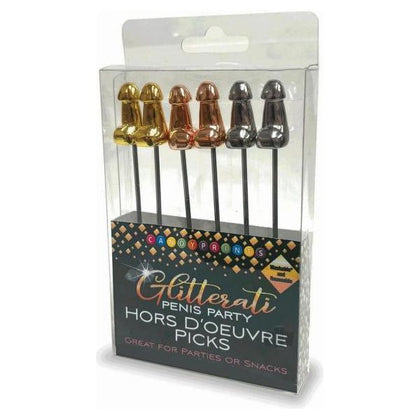 Introducing the Glitterati Stainless Steel Reusable Penis-themed Hor D'oeuvres Picks 6pc - Metallic Gold, Rose Gold, and Silver - Adult Naughty Store